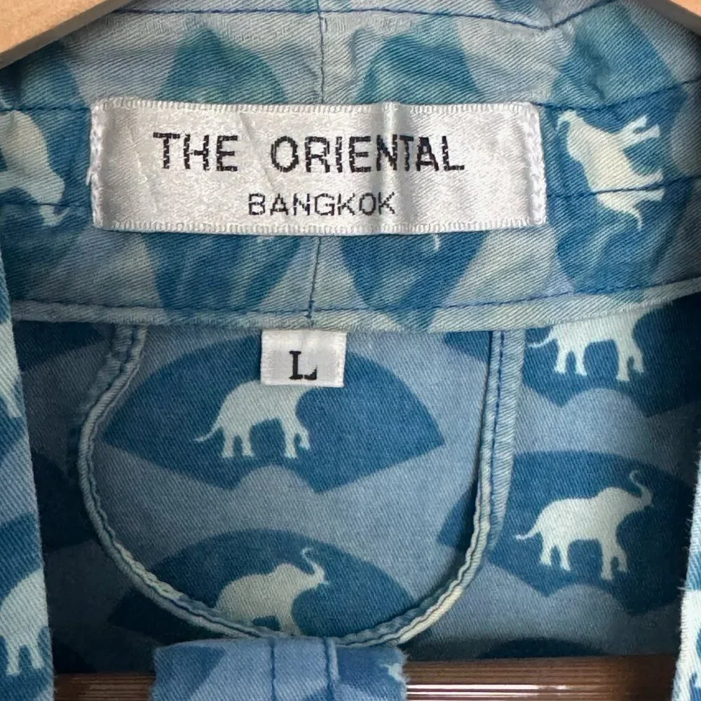 Vintage Mandarin Oriental Bangkok Hotel L Cotton Long Robe Blue with Elephants